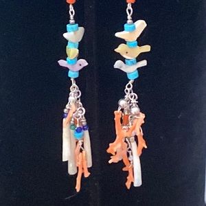 925 HandCrafted MOP Fetish Bird, Turquoise, Coral, Seed Pearl, Dentalia Earrings